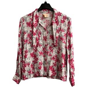 Vintage Pendleton Top Women 14 Gray Pink Floral Button Down Tie Neck Cottagecore